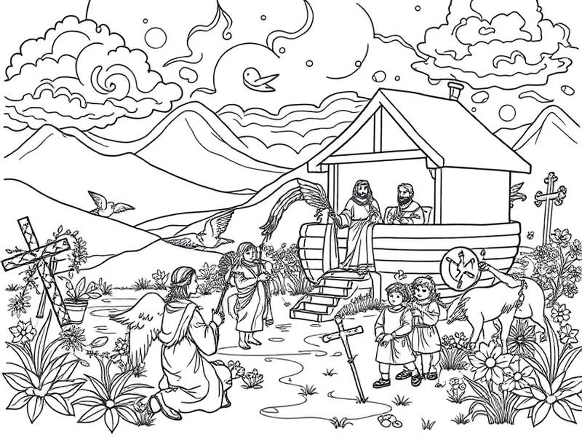 Exemplo de página para colorir inspirada na história da arca de Noé